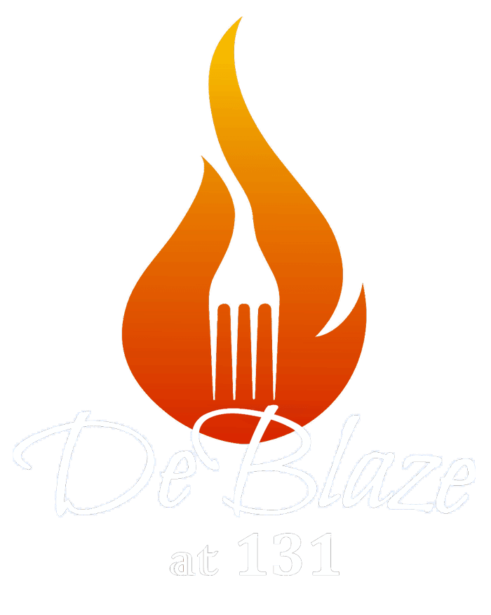 DeBlaze at 131 restaurant, bar and grill logo in white and flame orange