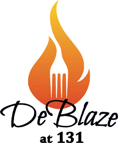 Orange flame with a fork inside, DeBlaze at 131 Steakhouse written in black cursive and bold font.
